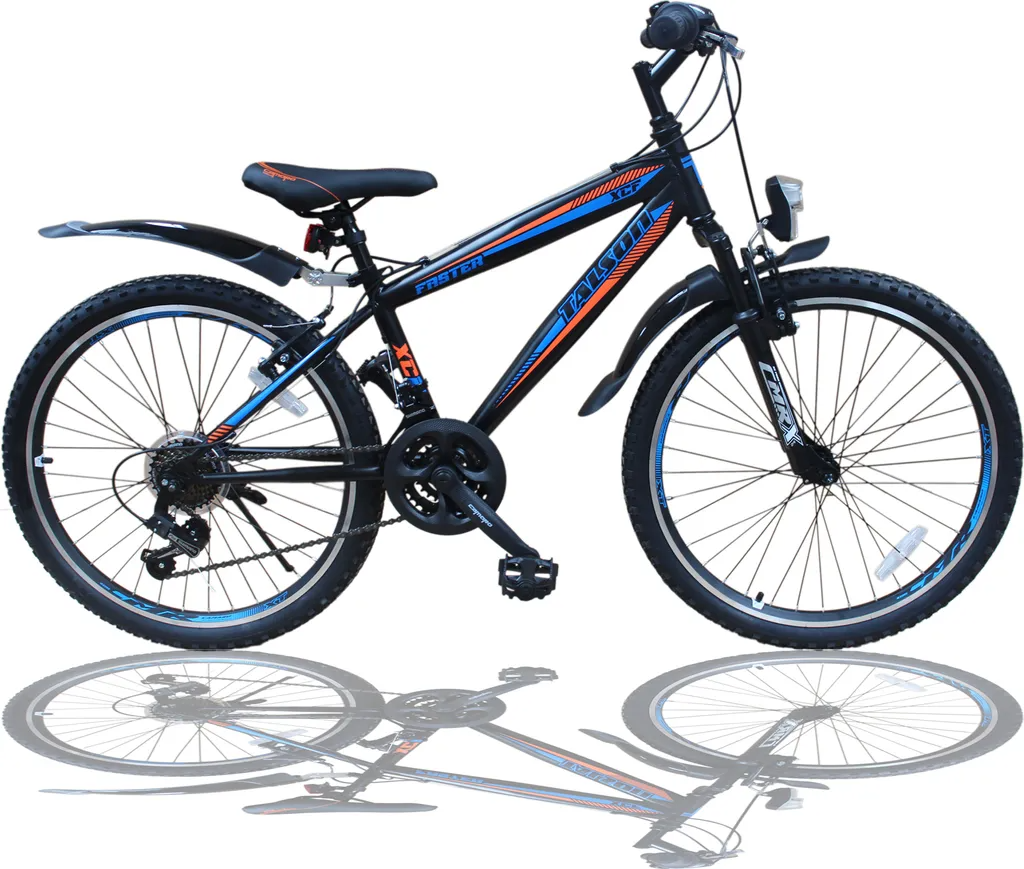 24 Zoll Mountainbike Schwarz-Blau — 21-Gang Shimano | Gabelfederung | Beleuchtung | 130–155 cm